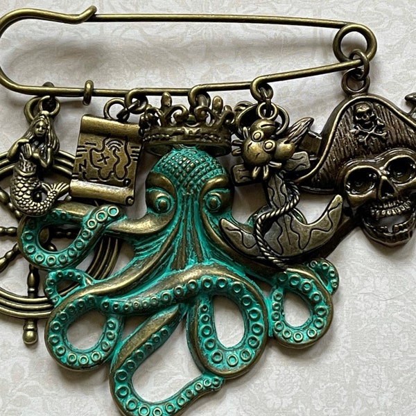 Pirate Jewelry - Kilt Safety Pin; Charms: Mermaid, Helm, Treasure Map, Crown, Patina Octopus, Crab, Anchor, Pirate Skull
