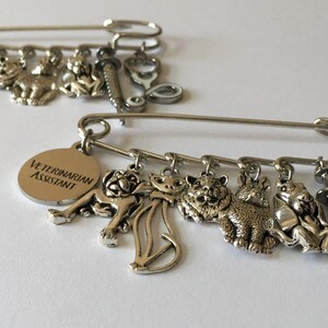 May include: Two silver-toned safety pins with charms. Each pin has a circular tag that reads "Veterinarian Assistant." Charms include animal figures, a syringe, and a pink and silver stethoscope. The charms are detailed and three-dimensional.