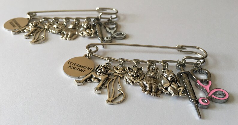 May include: Two silver-toned safety pins with charms. Each pin has a circular tag that reads "Veterinarian Assistant." Charms include animal figures, a syringe, and a pink and silver stethoscope. The charms are detailed and three-dimensional.