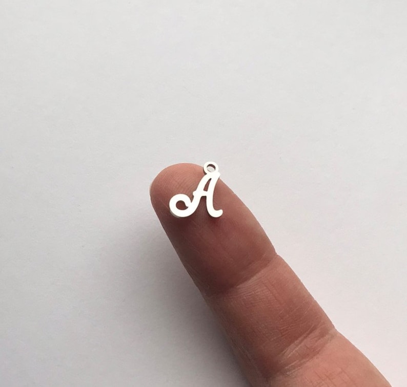TINY SILVER Tone Script Cursive Stainless Steel Initial Letter Add On Charm OR to Add On to your Own Creations, Includes Attached Jump Rings image 4