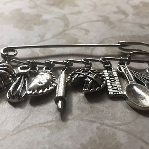 Baker Pastry Chef Kilt Safety Pin Jewelry Baking Charms: Bundt Cake Pan, Whisk, Pierogi, Rolling Pin, Pie, Chocolate, Measuring Spoons Cup image 3