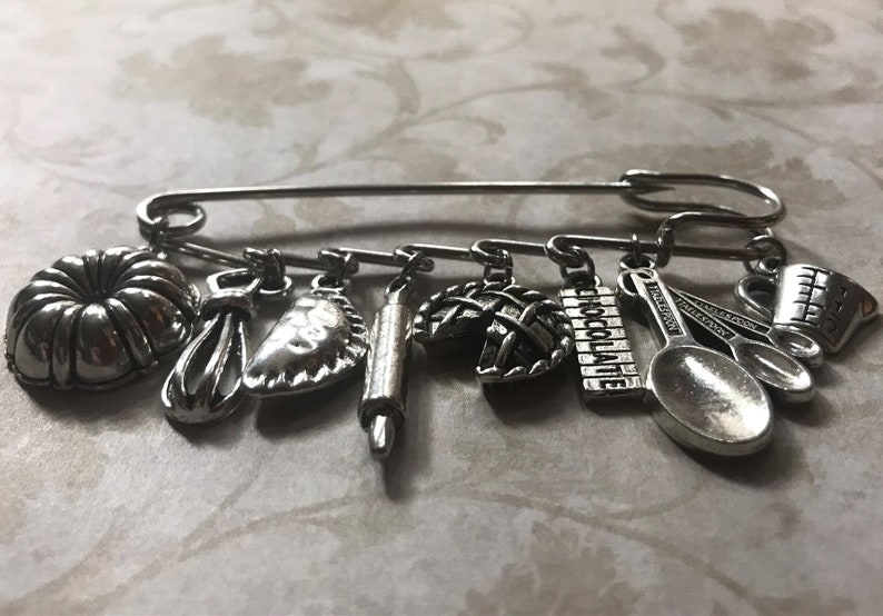 Baker Pastry Chef Kilt Safety Pin Jewelry Baking Charms: Bundt Cake Pan, Whisk, Pierogi, Rolling Pin, Pie, Chocolate, Measuring Spoons Cup image 3