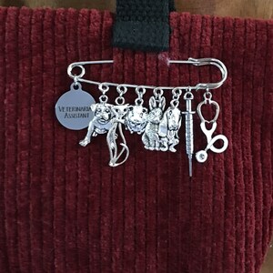 May include: A silver-colored safety pin with dangling charms, including a dog, pig, rabbit, syringe, and stethoscope. A circular charm reads "VETERINARIAN ASSISTANT." The pin is attached to a burgundy corduroy fabric.