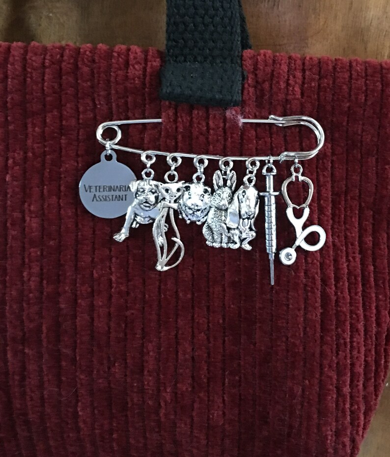 May include: A silver-colored safety pin with dangling charms, including a dog, pig, rabbit, syringe, and stethoscope. A circular charm reads "VETERINARIAN ASSISTANT." The pin is attached to a burgundy corduroy fabric.