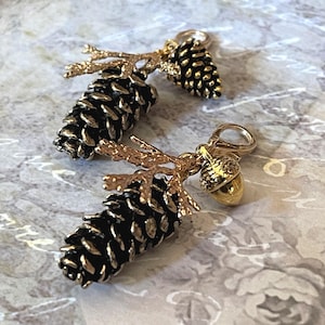 Juniper Pine Branch, Pinecone or Acorn Purse Bag Charm - Planner, Notebook, Junk Journal Jewelry, Autumn Winter Bling, Gold or Silver Tone image 1
