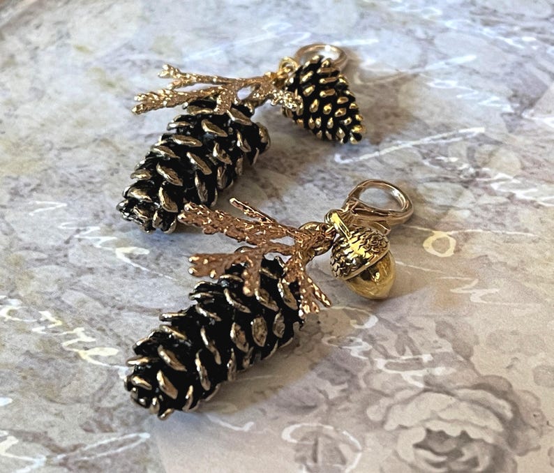 Juniper Pine Branch, Pinecone or Acorn Purse Bag Charm - Planner, Notebook, Junk Journal Jewelry, Autumn Winter Bling, Gold or Silver Tone image 1