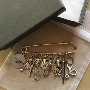 May include: A silver-toned safety pin with dangling charms, including a dog, cat, rabbit, syringe, and stethoscope. A circular charm reads "VETERINARIAN ASSISTANT." The pin is displayed with a gray gift box and a small, clear bag.