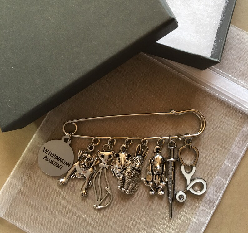 May include: A silver-toned safety pin with dangling charms, including a dog, cat, rabbit, syringe, and stethoscope. A circular charm reads "VETERINARIAN ASSISTANT." The pin is displayed with a gray gift box and a small, clear bag.