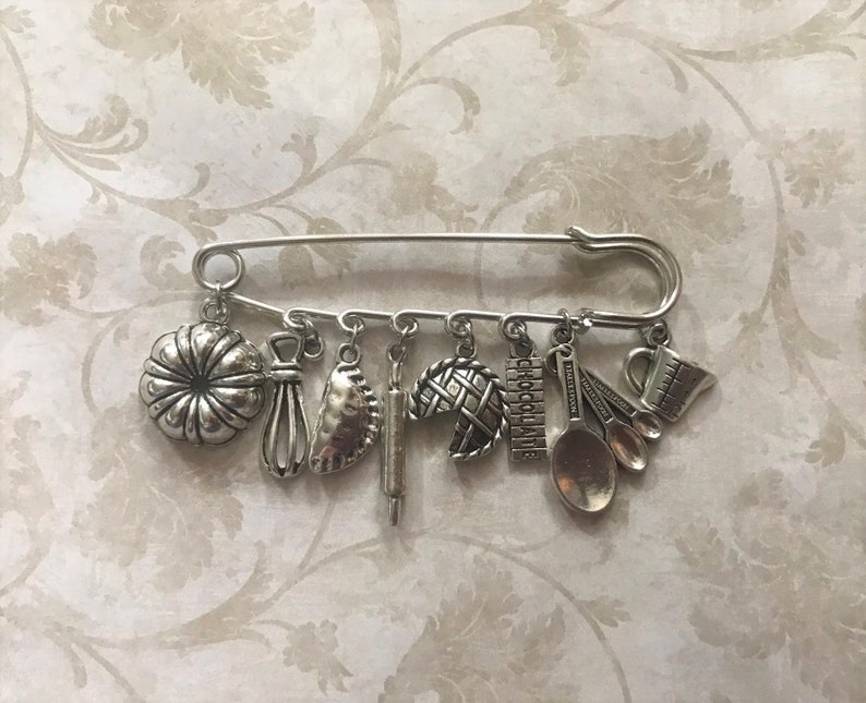 Baker Pastry Chef Kilt Safety Pin Jewelry Baking Charms: Bundt Cake Pan, Whisk, Pierogi, Rolling Pin, Pie, Chocolate, Measuring Spoons Cup image 1