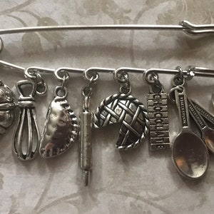 Baker Pastry Chef Kilt Safety Pin Jewelry Baking Charms: Bundt Cake Pan, Whisk, Pierogi, Rolling Pin, Pie, Chocolate, Measuring Spoons Cup image 2