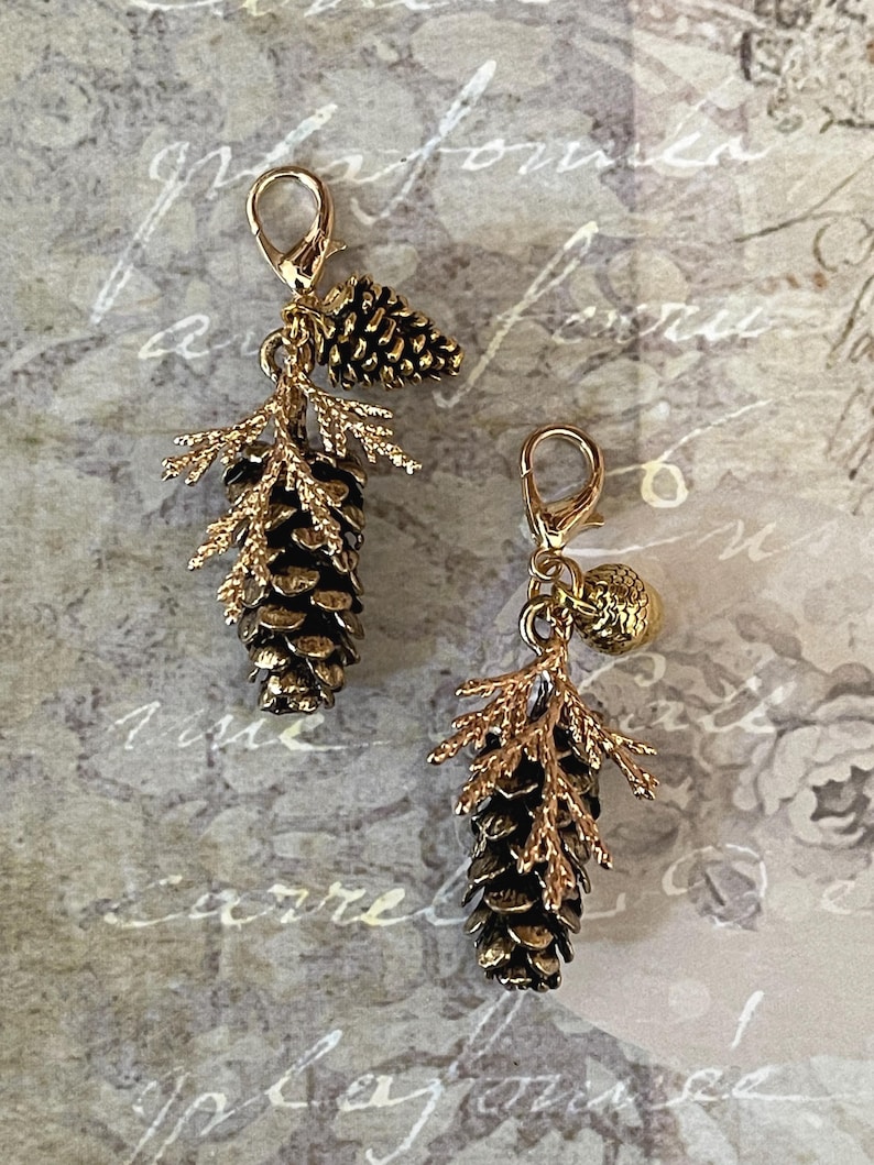 Juniper Pine Branch, Pinecone or Acorn Purse Bag Charm - Planner, Notebook, Junk Journal Jewelry, Autumn Winter Bling, Gold or Silver Tone image 2