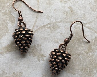 Pinecone Pine Cone Earrings Jewelry - Copper Tone 3D Pinecone Charms, French Ear Wires - Rustic Nature Earrings