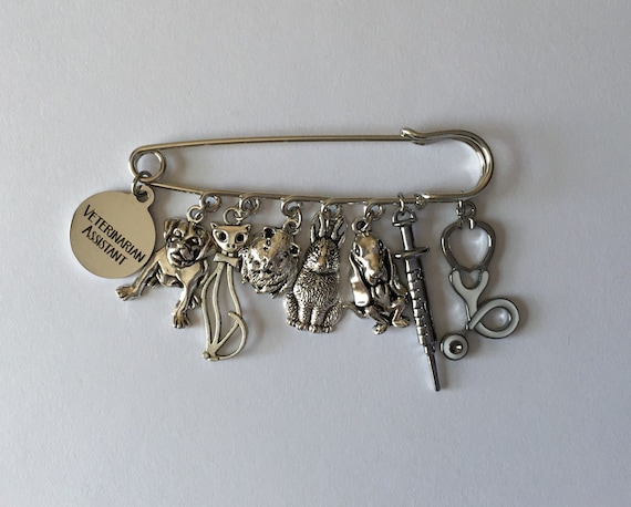 Veterinarian Vet Assistant Medical Pin - Stainless Steel Laser Engraved Charm; Other Charms: Dog, Cat, Hamster, Rabbit, Syringe, Stethoscope