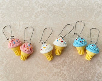 Ice Cream Cone Earrings with 25mm (approximately 1 inch) Stainless Steel Hypoallergenic Kidney Ear Wires - Strawberry, Vanilla, or Blueberry