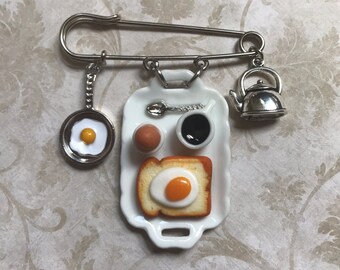 Breakfast in Bed or Bed & Breakfast Safety Pin Brooch Jewelry for Apron, Bag, Purse - Egg in Pan, Food Tray, Kettle - Unique Innkeepers Gift