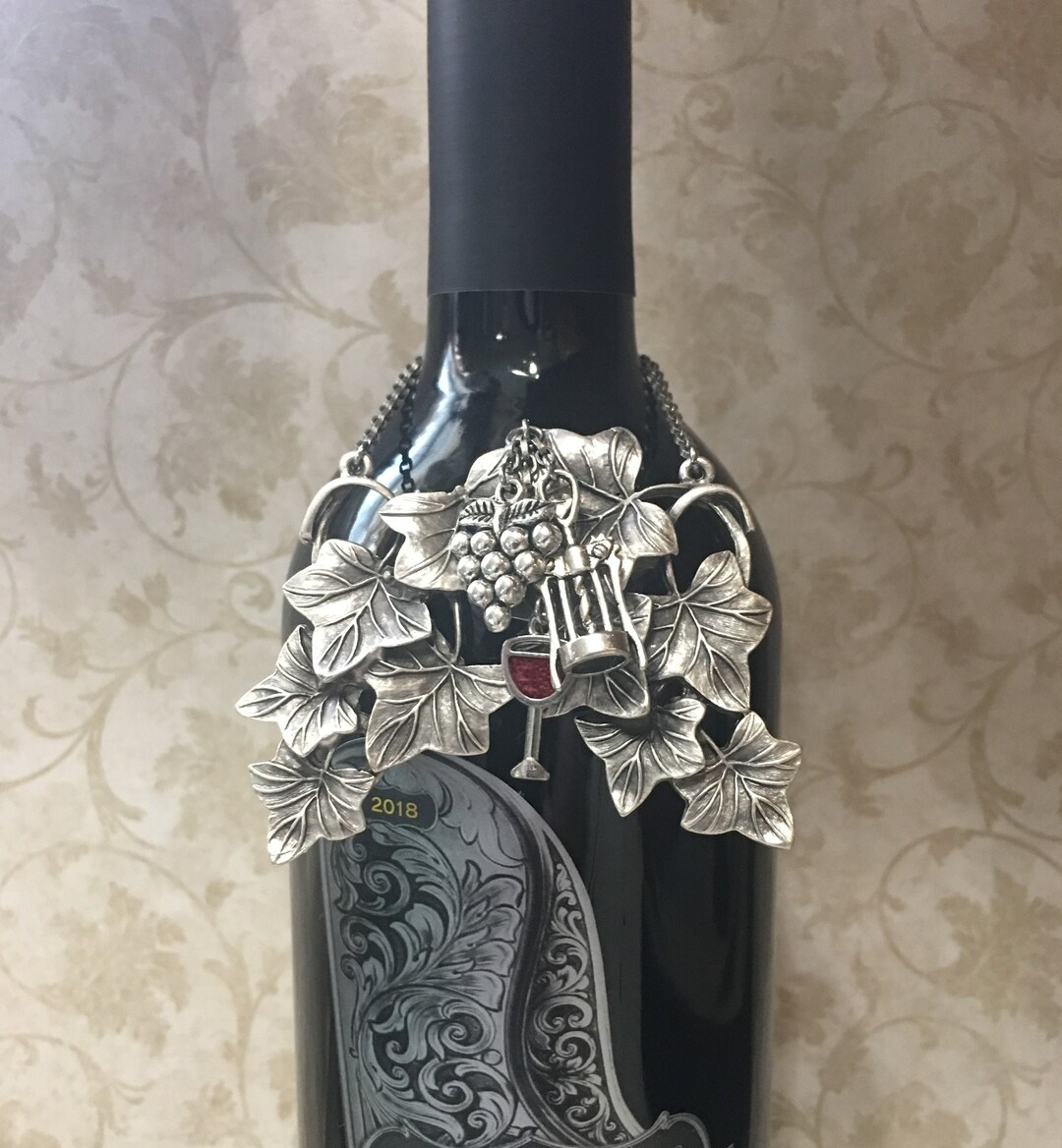 Wine Bottle Jewelry Charm Antique Silver Leaf Collar Pendant Charms