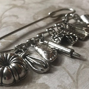 Baker Pastry Chef Kilt Safety Pin Jewelry Baking Charms: Bundt Cake Pan, Whisk, Pierogi, Rolling Pin, Pie, Chocolate, Measuring Spoons Cup image 4