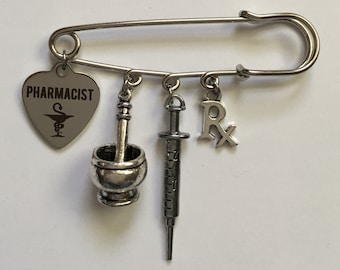 Pharmacist Kilt Safety Pin - For Bag, Purse, Coat - Charms: Pharmacist Heart, Mortar & Pestle (LAST THREE!), Needle Syringe, Rx