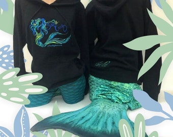 Mermaid Blue Embroider Black Hooded Pullover Sweatshirt made in Santa Cruz