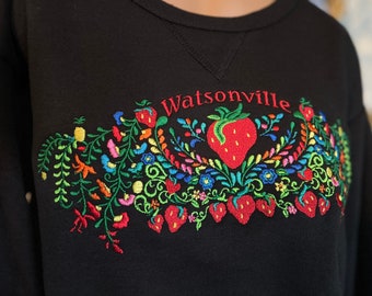 Watsonville Mexi Embroider crewneck sweater with Strawberries & pineapple details.