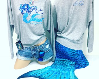 Grey Mermaid Flowy Long Sleeve Off Shoulder Tee made in Santa Cruz CA