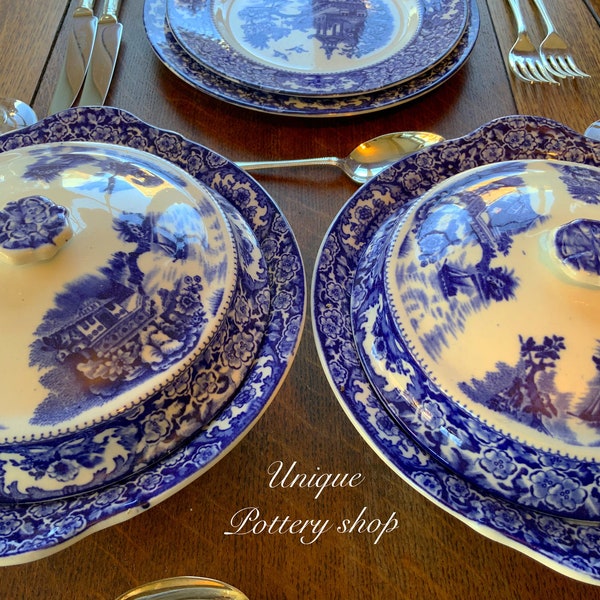 English antique transfer ware dinner and luncheon for six