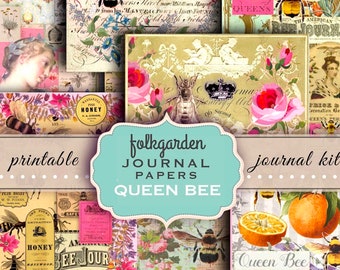 Bee Junk Journal Kit Printable Paper Bee Ephemera Scrapbooking Vintage Journal Queen Bees Art Honey Bee Keeper  Bee Keeping Instant Download