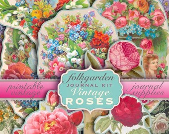 Hoja de collage de rosas recortadas vintage para imprimir, álbum de recortes, diario basura, paquete de efímeras victorianas, adornos vintage, descarga instantánea