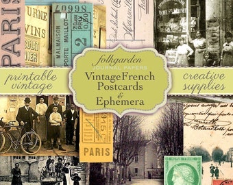 French postcards and ephemera. Pretty French vintage Instant download. 20 postcards, 7 collage sheets, journal kit, scrapbooking