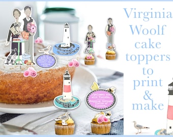 May include: Printable Virginia Woolf cake toppers featuring illustrations of lighthouses, birds, flowers, and quotes. The toppers are designed to be printed and cut out for use on a cake.