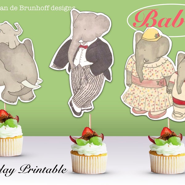 Babar Party Babar Cupcake Toppers PRINTABLE Vintage Babar the Elephant Birthday Cake Decorations, Food Picks, Cocktail Sticks, Double Sided