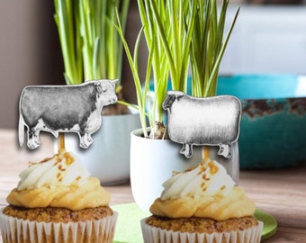 Farm Animal Cake Toppers , vintage cow, sheep and hen cupcake toppers, DIY, Instant Digital Download