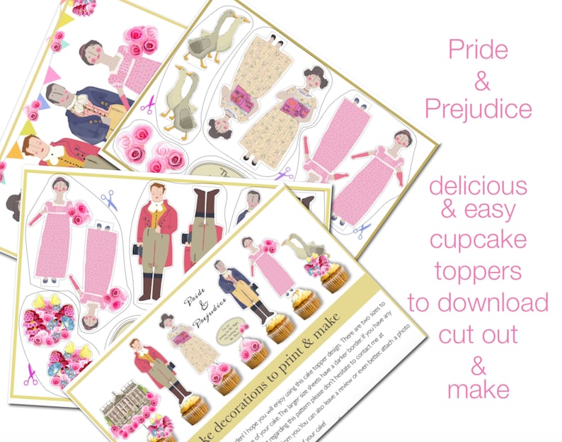 Pride and Prejudice DIY cake toppers Jane Austen gifts printable cake decoration cupcake toppers bookish party Mr Darcy cake shop decor image 6