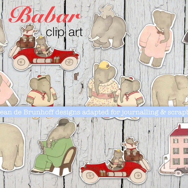 Babar Clip Art • Elephant  Printable • Vintage Babar •  PDF • Collage Sheet • For Scrapbooking, Journalling, Sticker Making