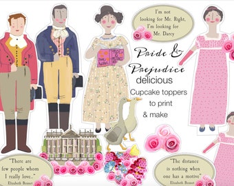 Pride and Prejudice DIY cake toppers Jane Austen gifts printable cake decoration cupcake toppers bookish party Mr Darcy cake shop decor