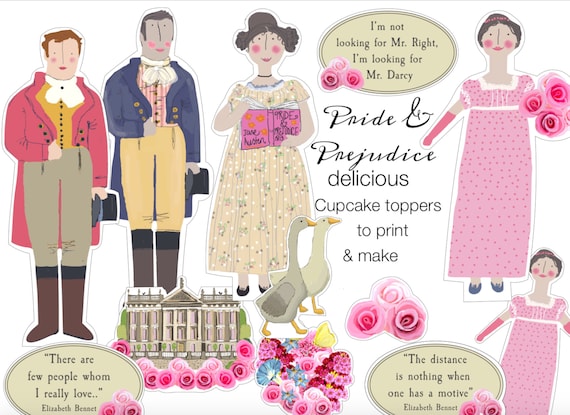 Pride and Prejudice DIY cake toppers Jane Austen gifts printable cake decoration cupcake toppers bookish party Mr Darcy cake shop decor