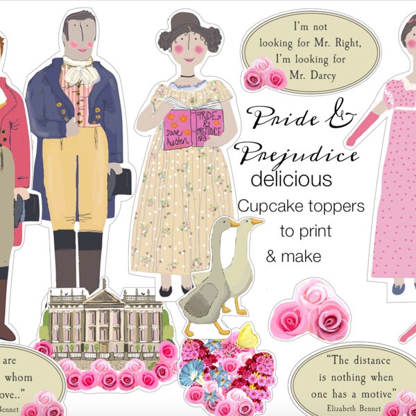 Pride and Prejudice DIY cake toppers Jane Austen gifts printable cake decoration cupcake toppers bookish party Mr Darcy cake shop decor