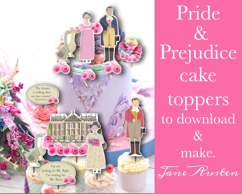 Pride and Prejudice DIY cake toppers Jane Austen gifts printable cake decoration cupcake toppers bookish party Mr Darcy cake shop decor image 8