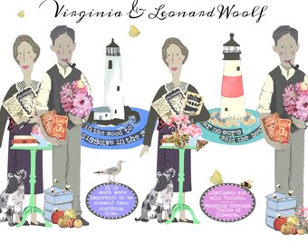 May include: An illustration of Virginia Woolf and Leonard Woolf, with a lighthouse, flowers, and text that reads "in the mood to dissolve in the sea", "ar no more said the heart", "It is much more important to be oneself than anything else", and "Cyclamen and wild Violets.. stepping through fields of flowers.."