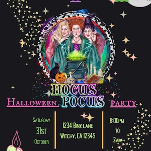 Könnte beinhalten: Halloween-Party-Einladung mit dem Text "Join Us For A Bunch Of Hocus Pocus". Die Einladung zeigt eine Illustration von drei Hexen, einer schwarzen Katze und einem Kürbis auf schwarzem Hintergrund.