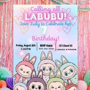 Invito di compleanno Labubu, download digitale, invito modificabile, invito di compleanno