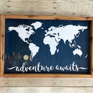 World Map Sign, Adventure Awaits Sign, Continents Sign, Framed World Map, Kids Playroom Sign, Farmhouse Sign, Rustic Sign, Nursery Sign