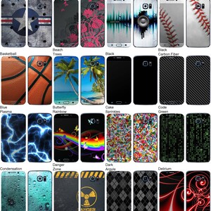 May include: A collection of 20 different phone skins featuring various designs, including a basketball, a baseball, a butterfly, a rainbow, a cake with sprinkles, a code, a danger zone, a dark argyle pattern, and a red and black delirium design.