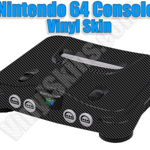 May include: A black Nintendo 64 console with a carbon fiber vinyl skin. The console has a gray slot for game cartridges and a black Nintendo 64 logo.