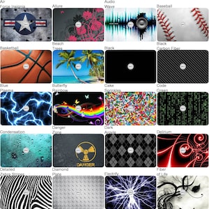 May include: A collage of 20 different designs for laptop skins. The designs include a variety of themes, such as sports, nature, and abstract patterns. Each design features a small circle with the word "SKINIT" in it.