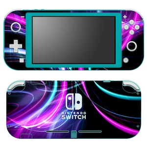 May include: A teal Nintendo Switch Lite console with a vibrant skin featuring a swirling design of pink, purple, and blue lines against a black background. The bottom of the console also shows the Nintendo Switch logo.