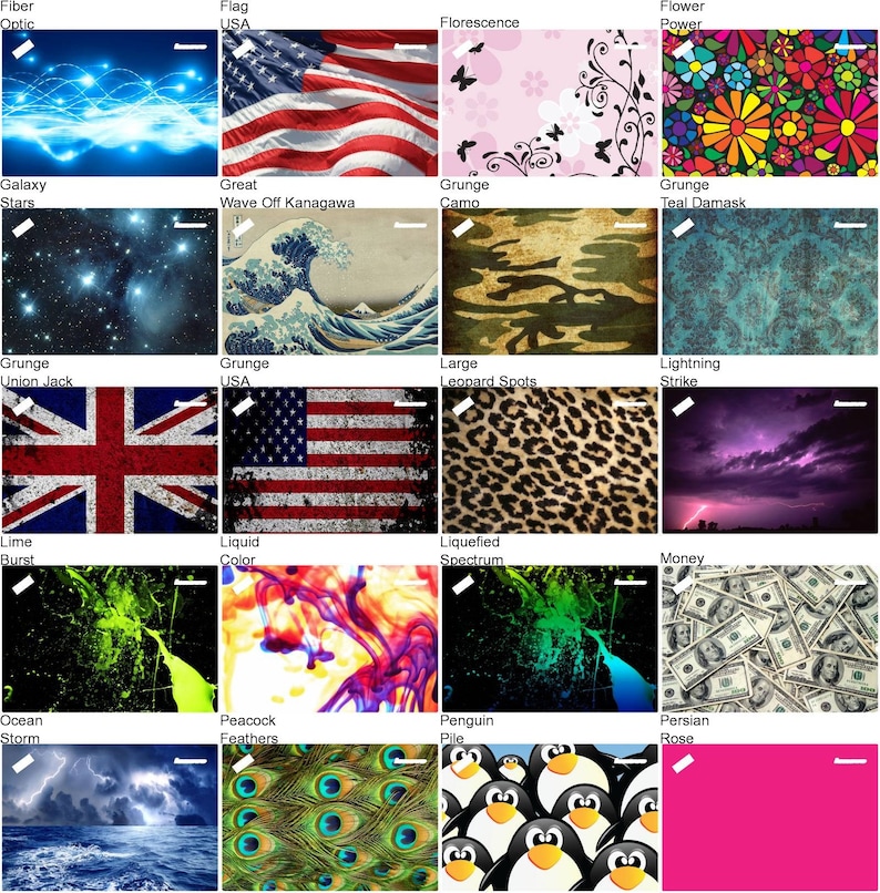May include: A collage of 16 different digital designs featuring various themes, including abstract patterns, nature scenes, and popular cultural references. The designs are arranged in a grid format and include titles such as "Fiber Optic", "Galaxy Stars", "Grunge Union Jack", "Lime Burst", "Ocean Storm", "Florescence", "Grunge Camo", "Large Leopard Spots", "Liquefied Spectrum", "Peacock Feathers", "Penguin Pile", "Persian Rose", "Flag USA", "Great Wave Off Kanagawa", "Grunge USA", "Lightning Strike", "Liquid Color", "Money", and "Flower Power".