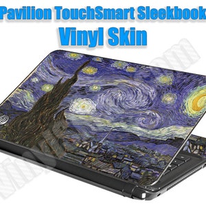 May include: A laptop computer with a vinyl skin featuring a reproduction of Vincent van Gogh's "Starry Night" painting. The laptop is black and the skin is a vibrant blue with yellow stars and a crescent moon.