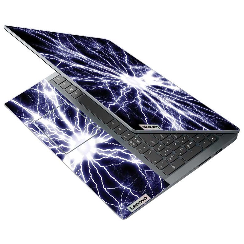May include: A Lenovo laptop with a striking design featuring a blue and white lightning bolt pattern across the lid and keyboard area. The laptop is open, displaying the keyboard and touchpad.