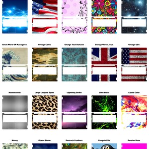 May include: A collection of laptop skins with various designs. The designs include a fiber optic pattern, the American flag, floral patterns, galaxy stars, and more. Each skin has a white rectangular area.